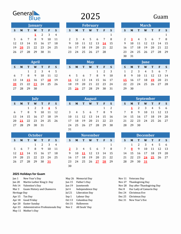 Printable Calendar 2025 with Guam Holidays (Sunday Start)