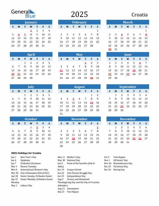 Printable Calendar 2025 with Croatia Holidays (Sunday Start)