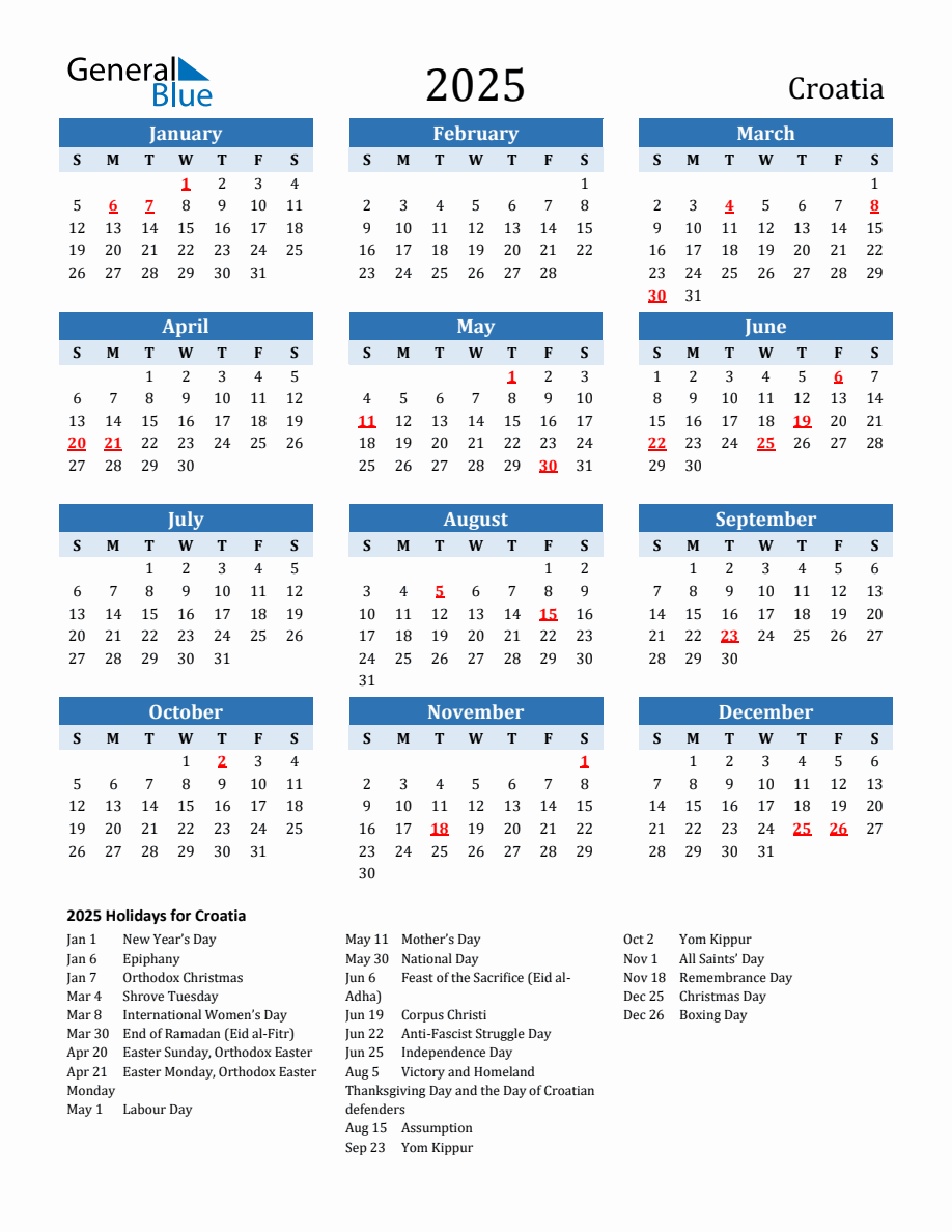 Croatia Calendar 2025