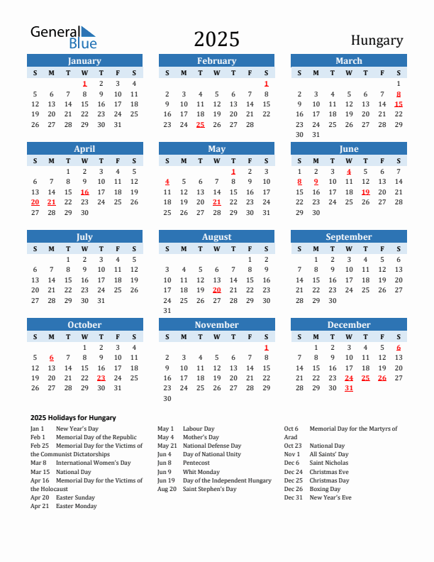 Printable Calendar 2025 with Hungary Holidays (Sunday Start)
