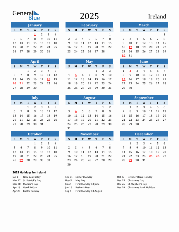Printable Calendar 2025 with Ireland Holidays (Sunday Start)