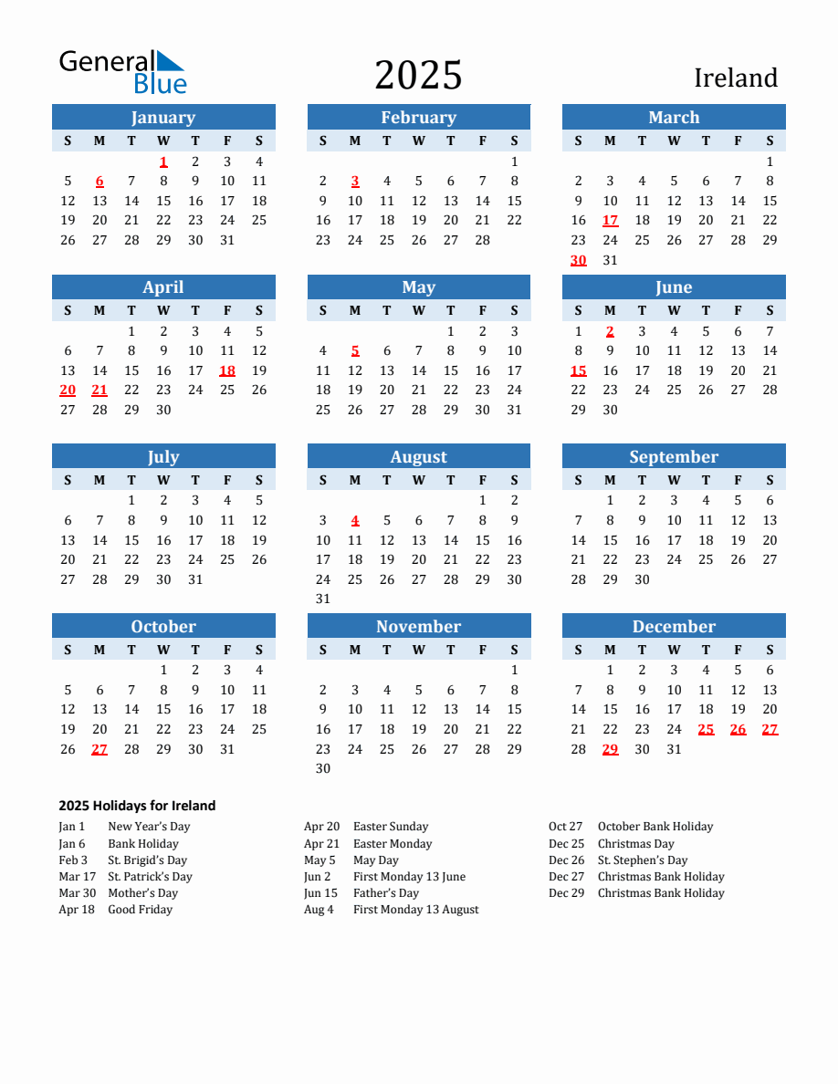 2025 Printable Calendar with Ireland Holidays