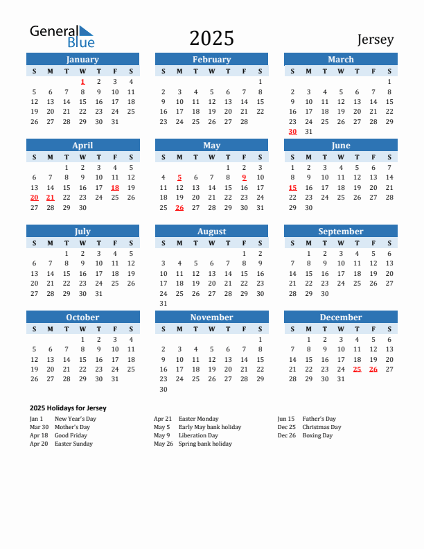 Printable Calendar 2025 with Jersey Holidays (Sunday Start)