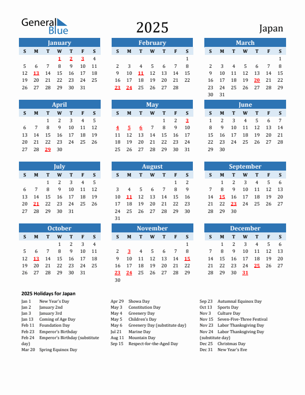 Printable Calendar 2025 with Japan Holidays (Sunday Start)