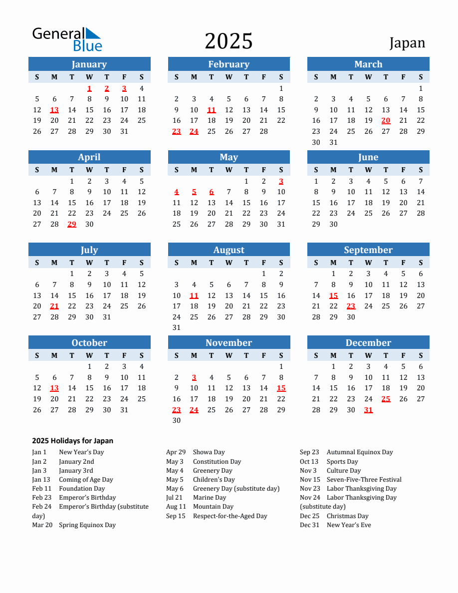 2025 Printable Calendar with Japan Holidays