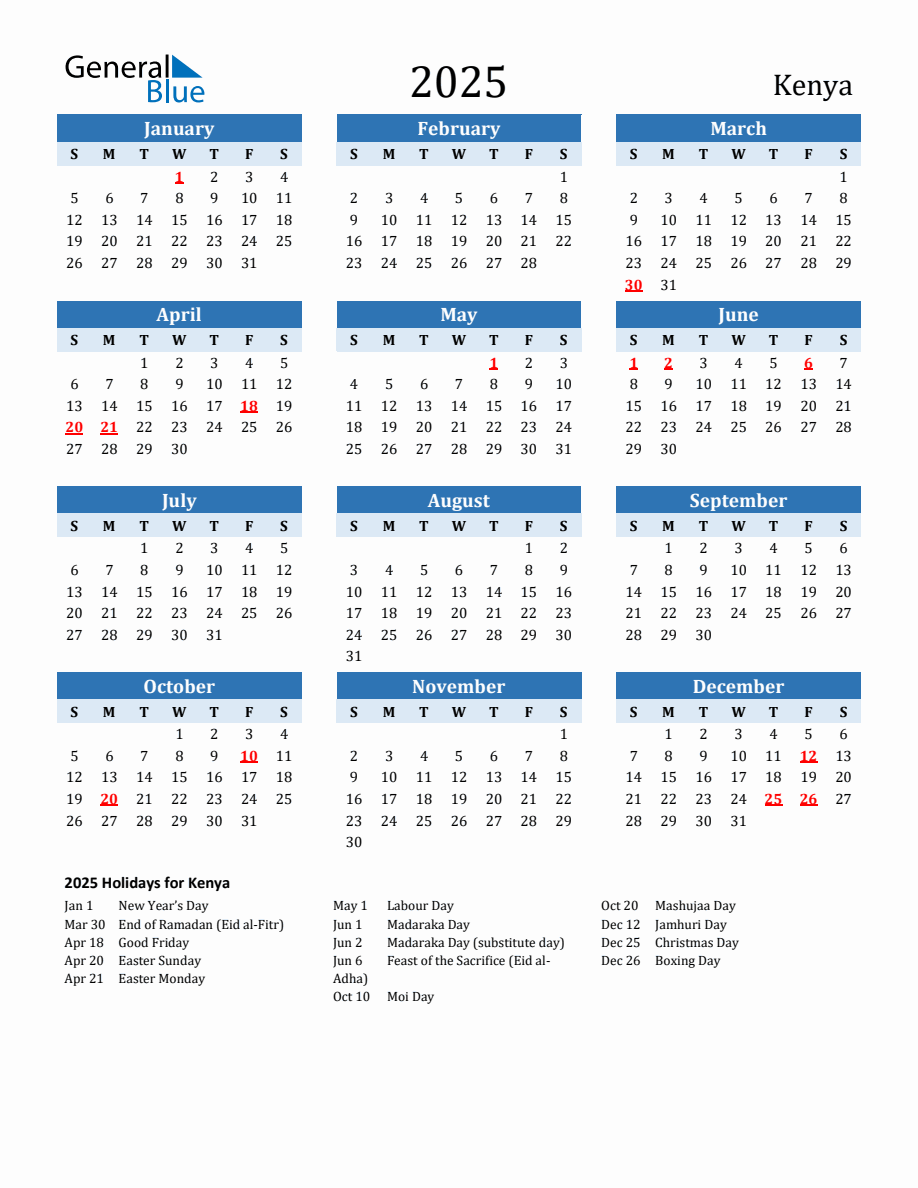 2025 Printable Calendar with Kenya Holidays