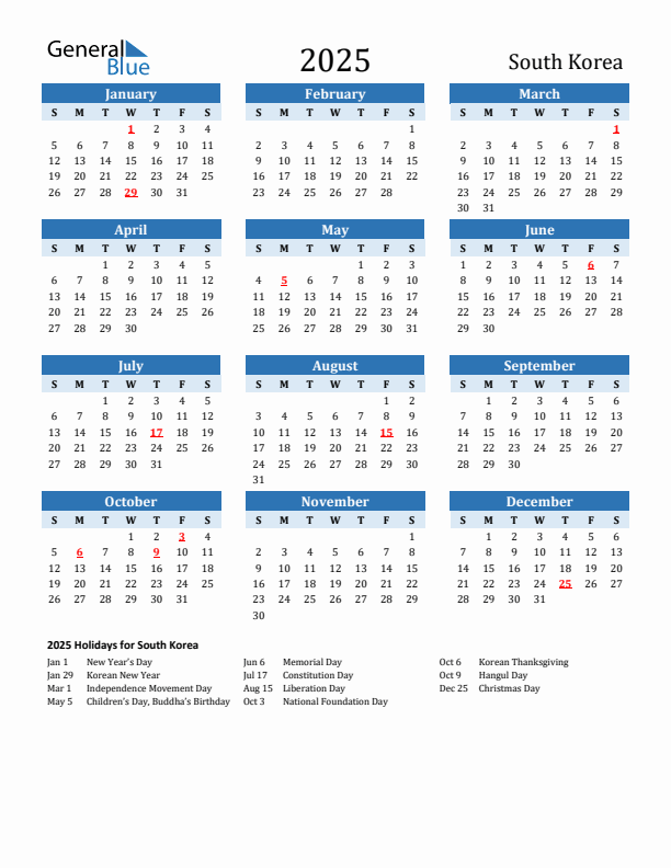 Printable Calendar 2025 with South Korea Holidays (Sunday Start)