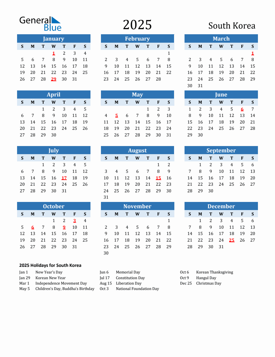 2025 Printable Calendar with South Korea Holidays