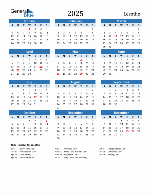 Printable Calendar 2025 with Lesotho Holidays (Sunday Start)