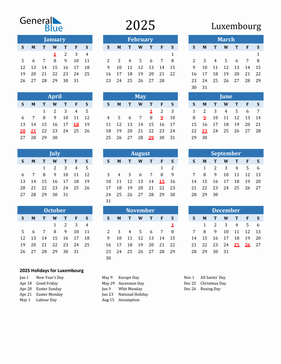 Luxembourg Holiday Calendar 2025 