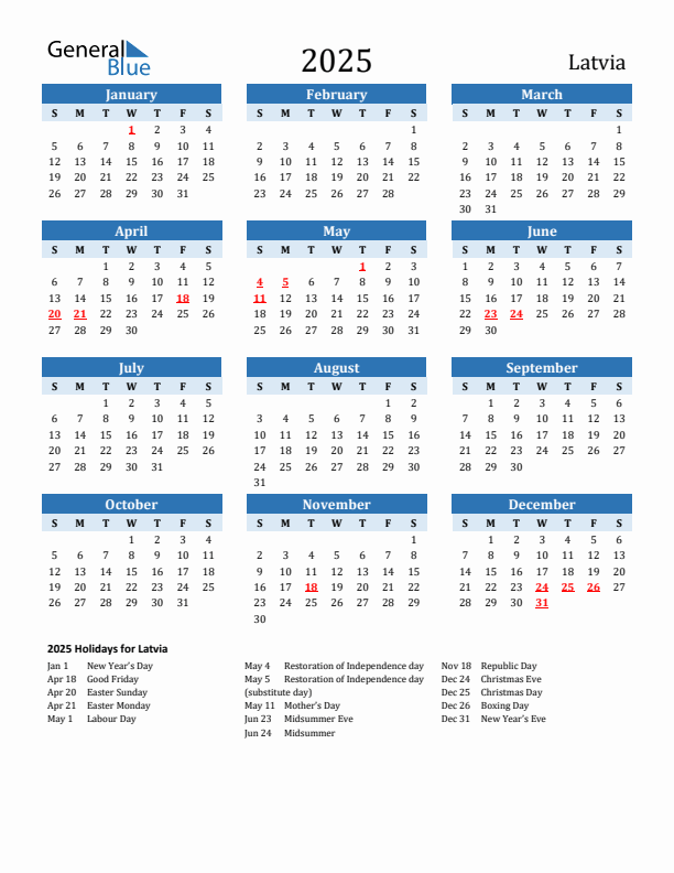 Printable Calendar 2025 with Latvia Holidays (Sunday Start)