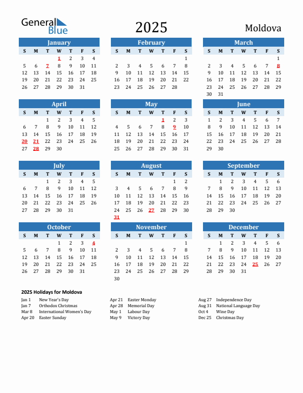 Printable Calendar 2025 with Moldova Holidays (Sunday Start)