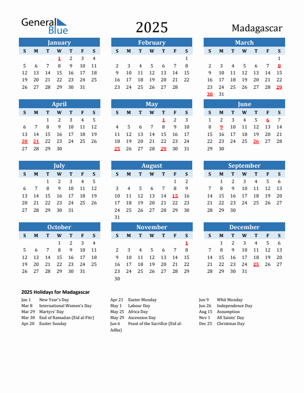 Printable Calendar 2025 with Madagascar Holidays (Sunday Start)