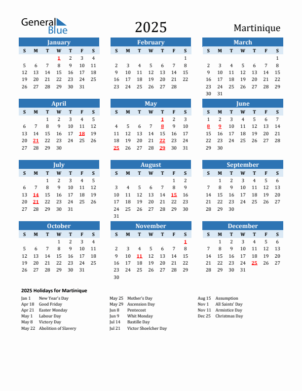 Printable Calendar 2025 with Martinique Holidays (Sunday Start)