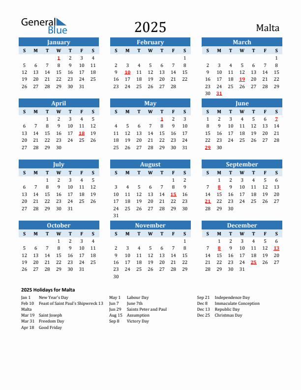 Printable Calendar 2025 with Malta Holidays (Sunday Start)