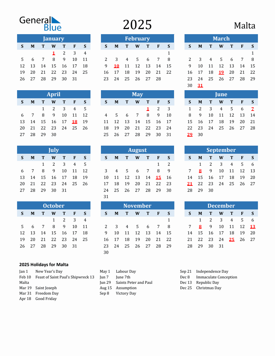 2025 Printable Calendar with Malta Holidays