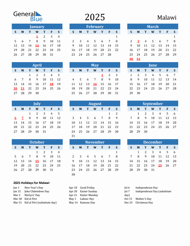 Printable Calendar 2025 with Malawi Holidays (Sunday Start)