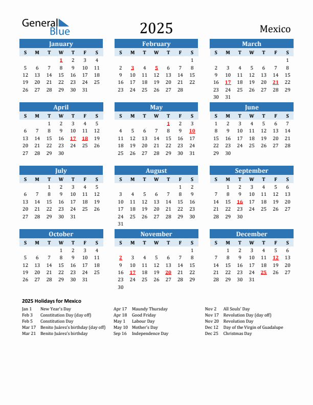 Printable Calendar 2025 with Mexico Holidays (Sunday Start)