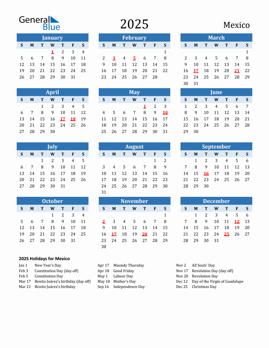 2025 Printable Calendar with Mexico Holidays