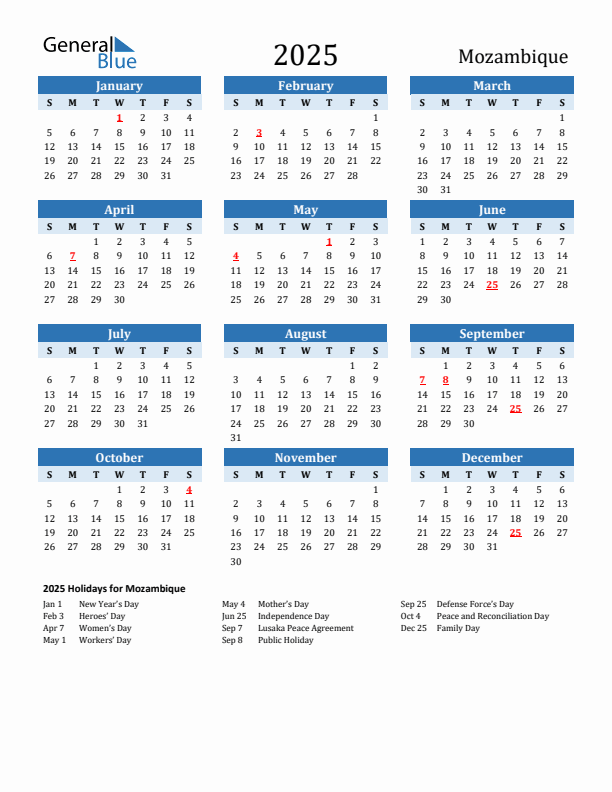 Printable Calendar 2025 with Mozambique Holidays (Sunday Start)