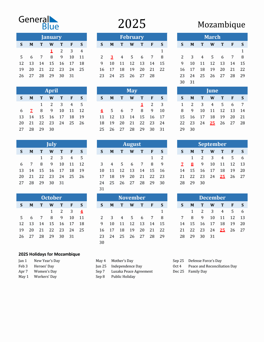 2025 Printable Calendar with Mozambique Holidays