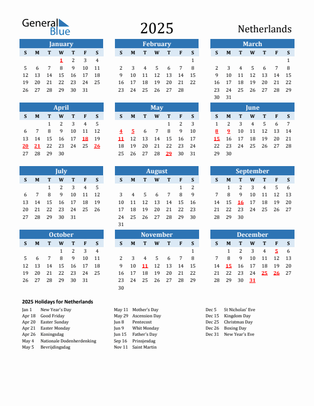 Printable Calendar 2025 with The Netherlands Holidays (Sunday Start)