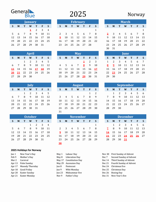 Printable Calendar 2025 with Norway Holidays (Sunday Start)