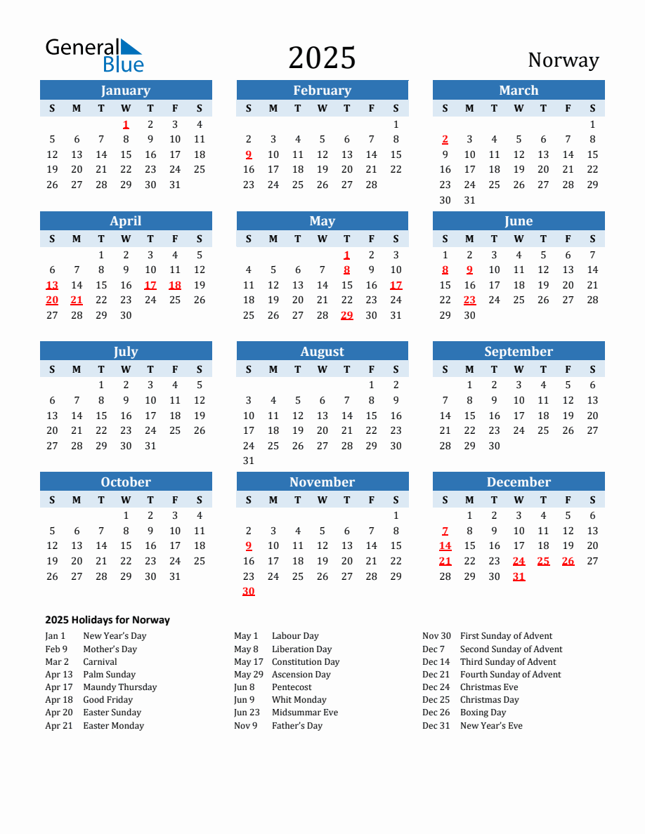 2025 Printable Calendar with Norway Holidays