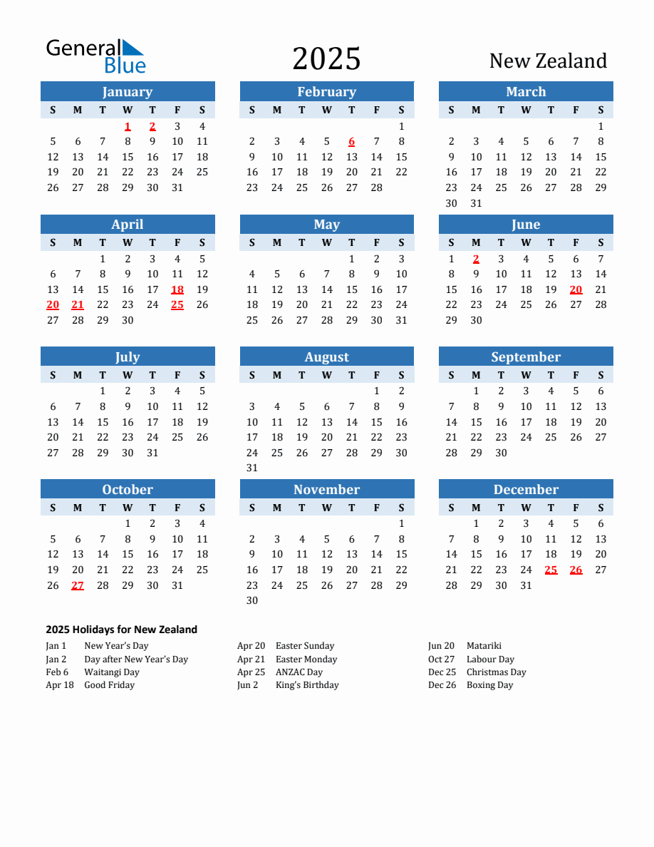 2025 Printable Calendar with New Zealand Holidays