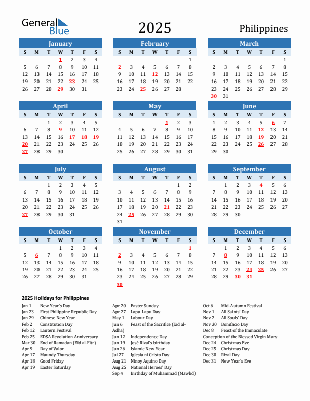 Printable Calendar 2025 with Philippines Holidays (Sunday Start)