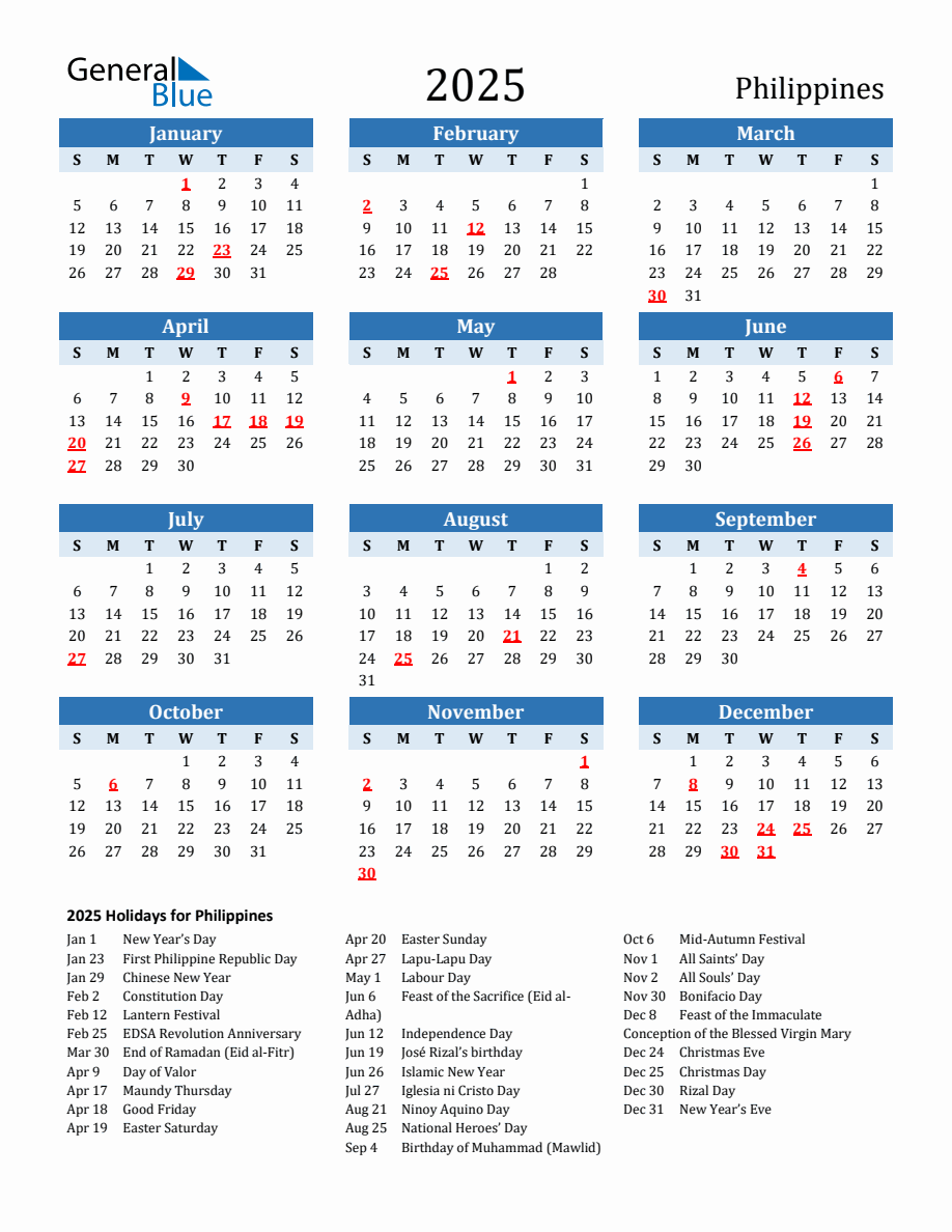 2025 Printable Calendar with Philippines Holidays