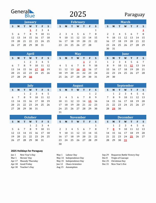 Printable Calendar 2025 with Paraguay Holidays (Sunday Start)