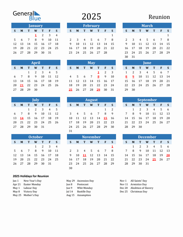Printable Calendar 2025 with Reunion Holidays (Sunday Start)