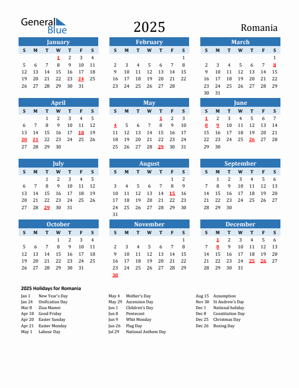 Printable Calendar 2025 with Romania Holidays (Sunday Start)