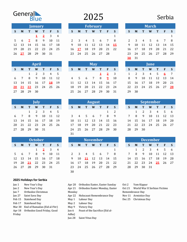 Printable Calendar 2025 with Serbia Holidays (Sunday Start)