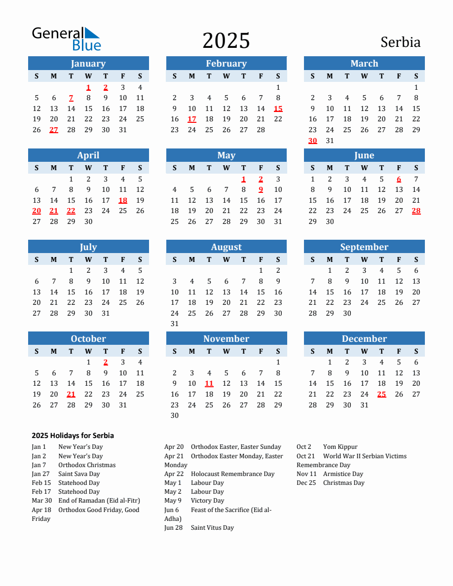 2025 Printable Calendar with Serbia Holidays