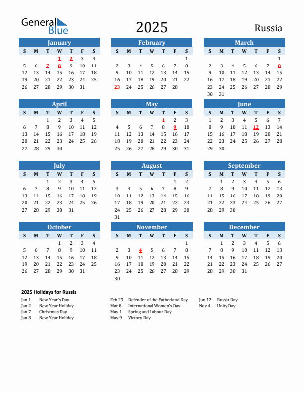 Printable Calendar 2025 with Russia Holidays (Sunday Start)