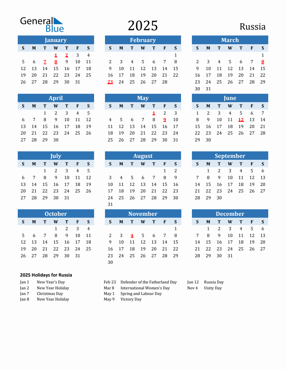 2025 Printable Calendar with Russia Holidays