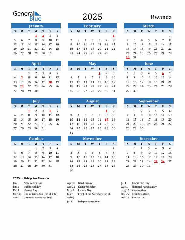 Printable Calendar 2025 with Rwanda Holidays (Sunday Start)