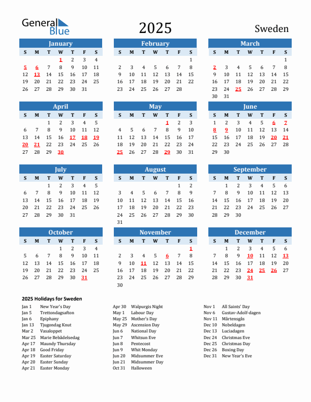Printable Calendar 2025 with Sweden Holidays (Sunday Start)