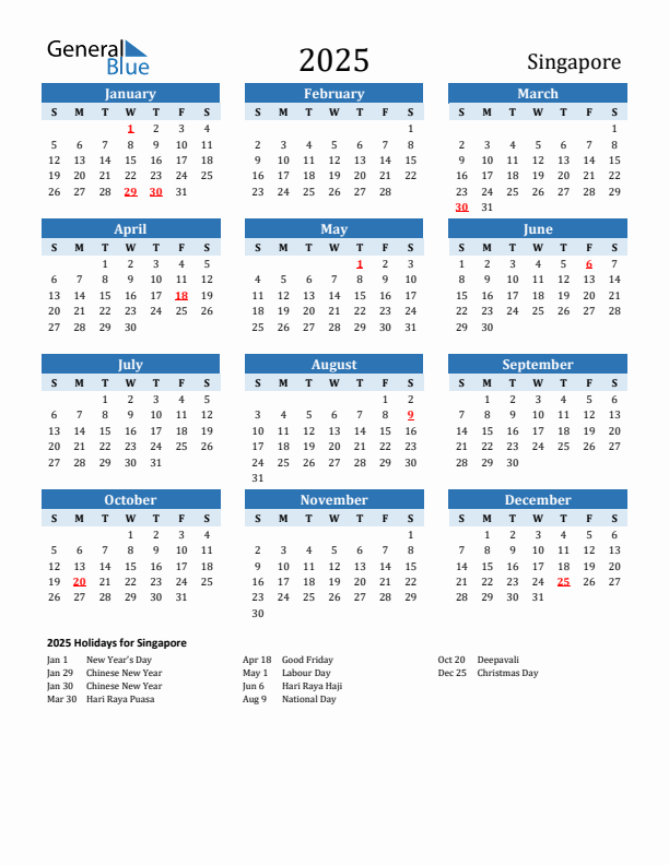 Printable Calendar 2025 with Singapore Holidays (Sunday Start)