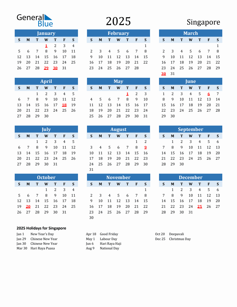 2025 Printable Calendar with Singapore Holidays