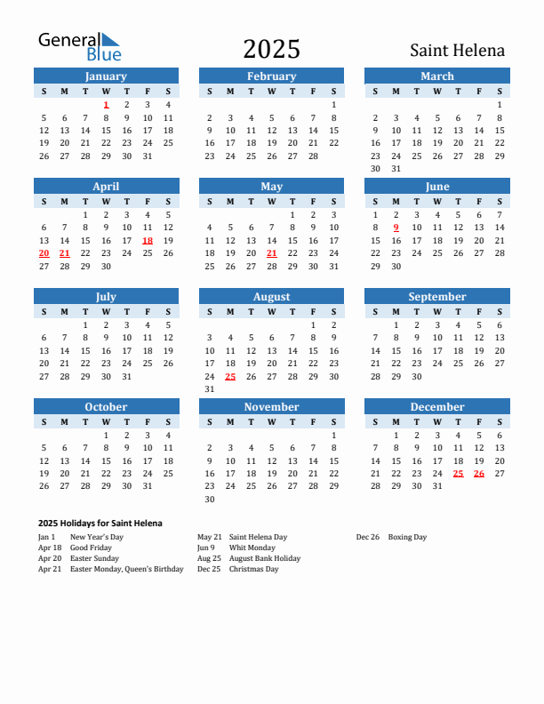 Printable Calendar 2025 with Saint Helena Holidays (Sunday Start)