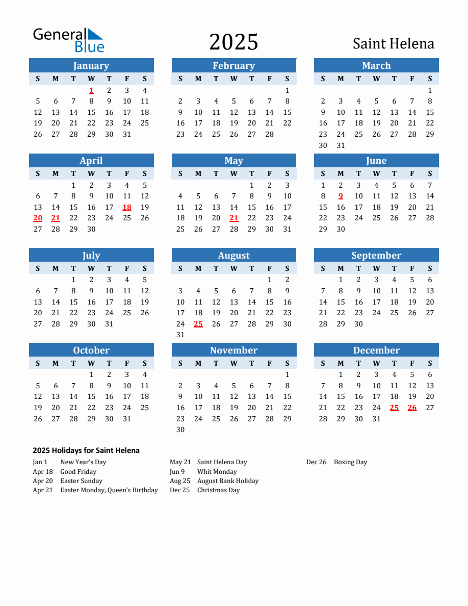 2025 Printable Calendar with Saint Helena Holidays