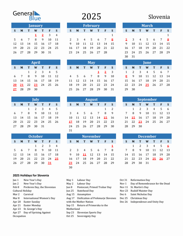 Printable Calendar 2025 with Slovenia Holidays (Sunday Start)