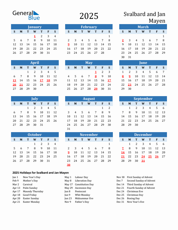 Printable Calendar 2025 with Svalbard and Jan Mayen Holidays (Sunday Start)