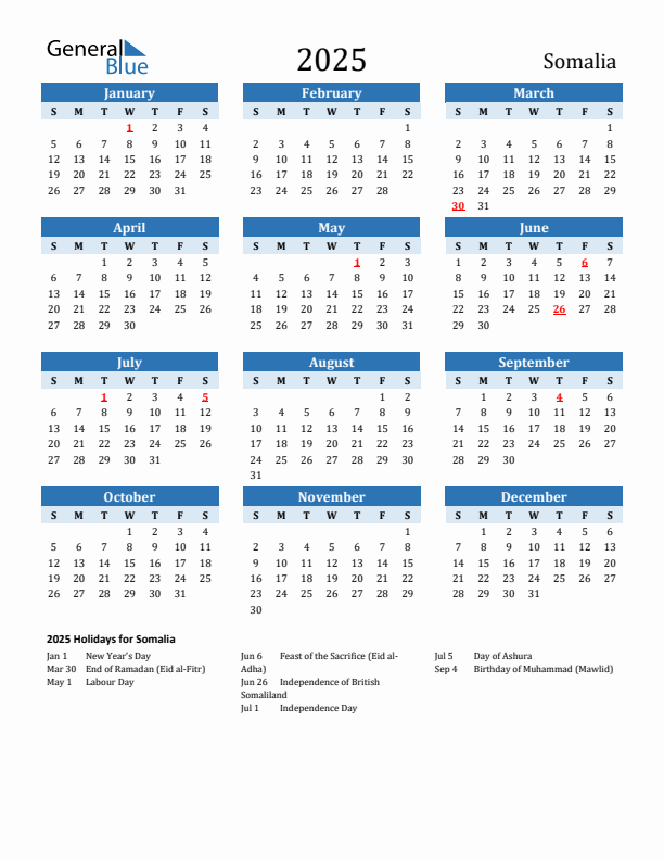 Printable Calendar 2025 with Somalia Holidays (Sunday Start)