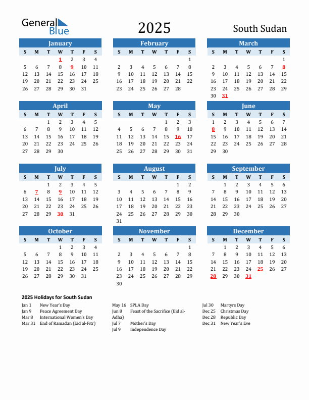 Printable Calendar 2025 with South Sudan Holidays (Sunday Start)