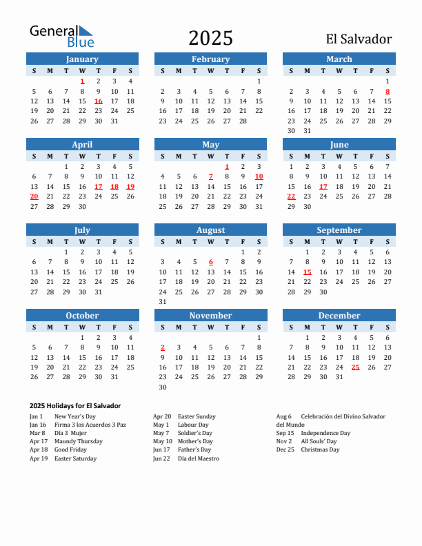 Printable Calendar 2025 with El Salvador Holidays (Sunday Start)