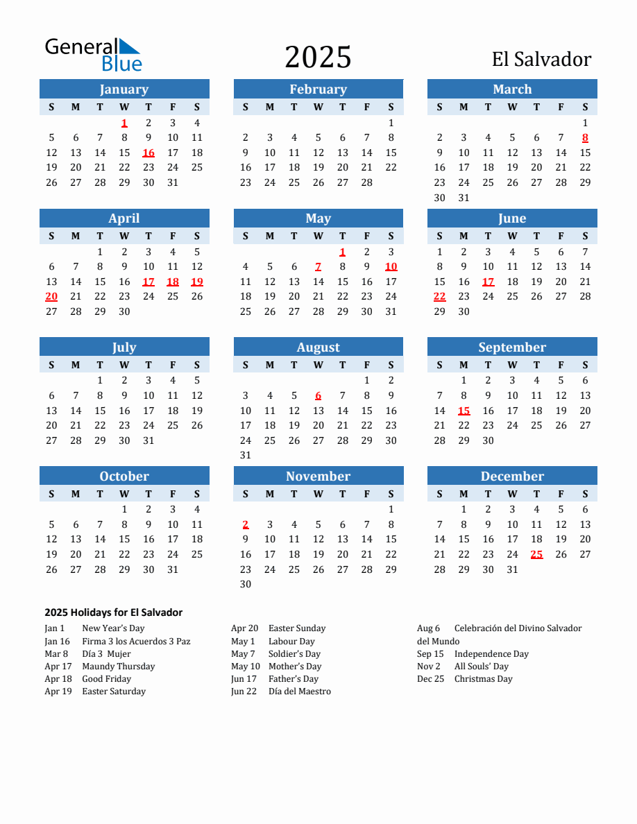 2025 Printable Calendar with El Salvador Holidays